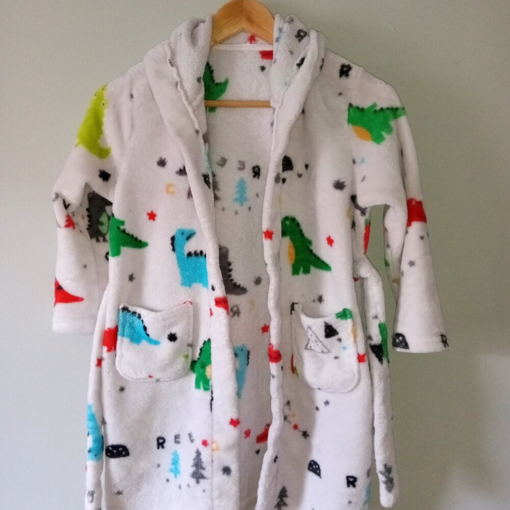 Child White Bath Robe with Multicolor Dinosaur Design